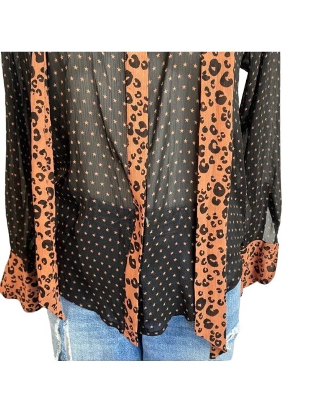 Scotch & Soda Maison Scotch Black Sheer Star Print Blouse With Leopard Print Acc - Picture 5 of 12
